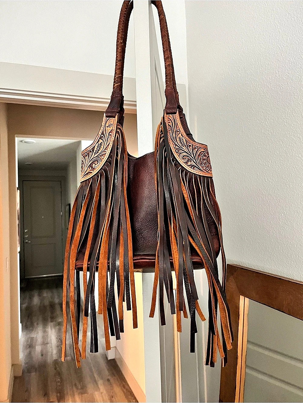 American Darling Hand Tooled Fringe Shoulder Bag in Brown Genuine Leather NWT
